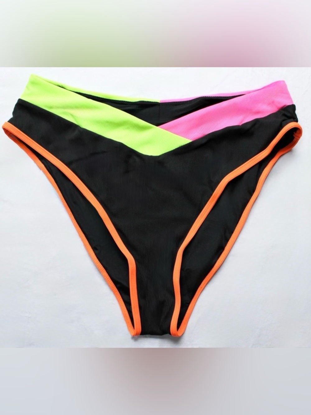 Black High-Cut Bikini Bottom with Neon Pink & Neon Green Accents